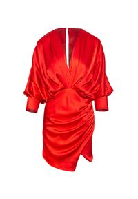 COSEL - Czerwona satynowa sukienka. Okazja: na imprezę. Kolor: czerwony. Materiał: satyna. Wzór: nadruk. Typ sukienki: kopertowe, asymetryczne. Styl: klasyczny, wizytowy. Długość: mini #6
