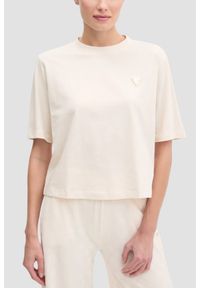 Guess - GUESS Kremowy bawełniany t-shirt damski Colette Boxy, Rozmiar L. Okazja: na co dzień. Kolor: beżowy. Materiał: bawełna. Styl: casual, sportowy #1