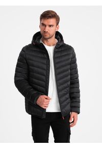 Ombre Clothing - Lekko ocieplona pikowana męska kurtka z satynowym wykończeniem – czarna V2 - Rozmiar: S. Typ kołnierza: kołnierzyk stójkowy. Kolor: czarny. Materiał: satyna. Wzór: gładki, aplikacja. Styl: elegancki