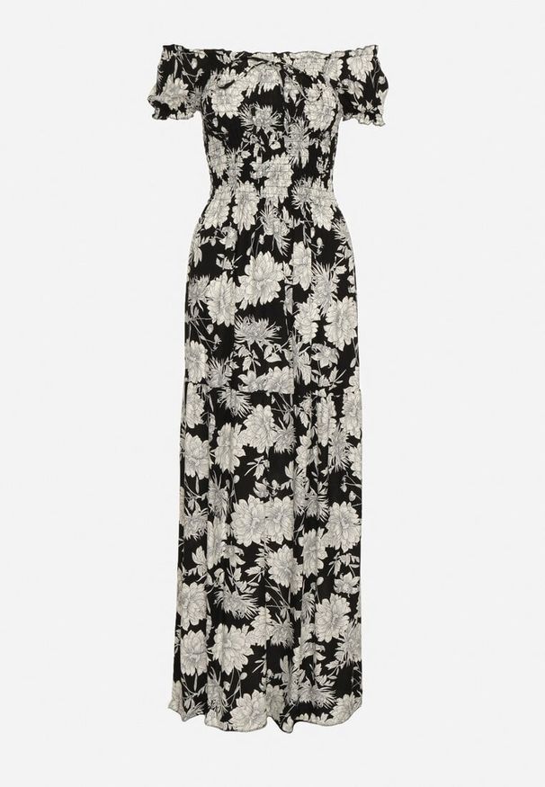 Born2be - Czarno-Biała Sukienka z Wiskozy Typu Hiszpanka z Marszczonym Dekoltem Yelbia. Typ kołnierza: dekolt hiszpanka. Kolor: czarny. Materiał: wiskoza. Wzór: kwiaty