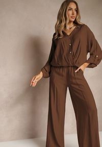Renee - Brązowy Komplet z Wiskozy w Stylu Oversize Szerokie Spodnie i Luźna Koszula na Guziki Natinne. Kolor: brązowy. Materiał: wiskoza #4