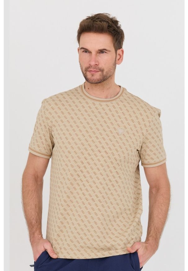 Guess - GUESS Beżowy męski t-shirt Marshall, Rozmiar XXL. Kolor: beżowy