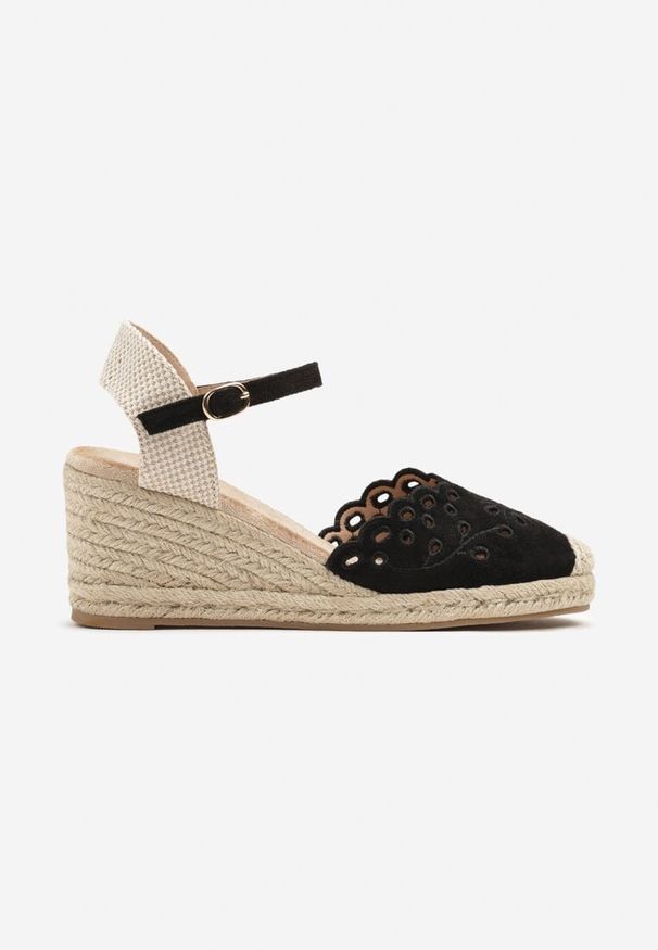 Born2be - Czarne Sandały Espadryle na Koturnie z Ażurowym Wzorem i Plecionką Sarabina. Okazja: na co dzień. Zapięcie: pasek. Kolor: czarny. Wzór: ażurowy. Obcas: na koturnie. Styl: elegancki, casual