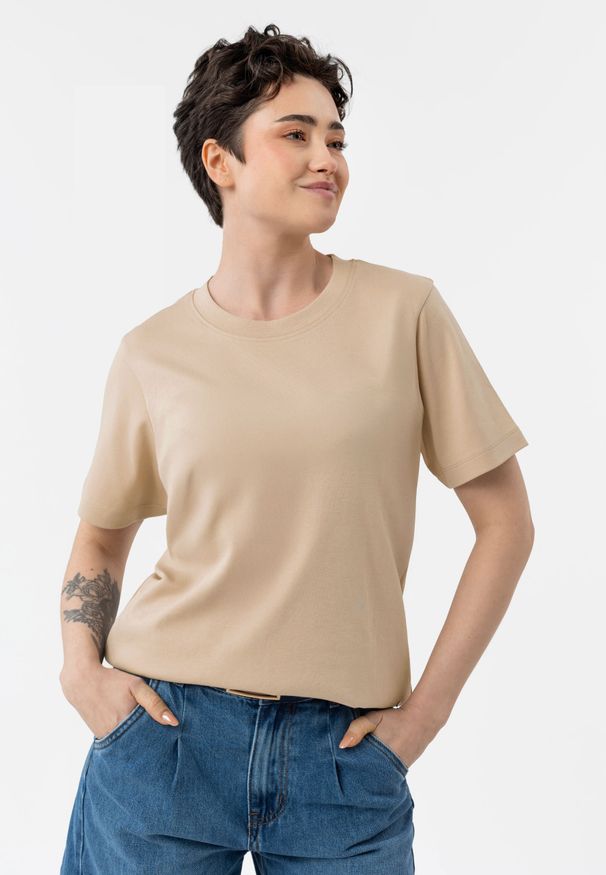 Volcano - Gładka koszulka, Comfort Fit, T-LENI. Materiał: prążkowany, bawełna, len, materiał. Długość rękawa: krótki rękaw. Długość: krótkie. Wzór: gładki. Sezon: lato. Styl: klasyczny