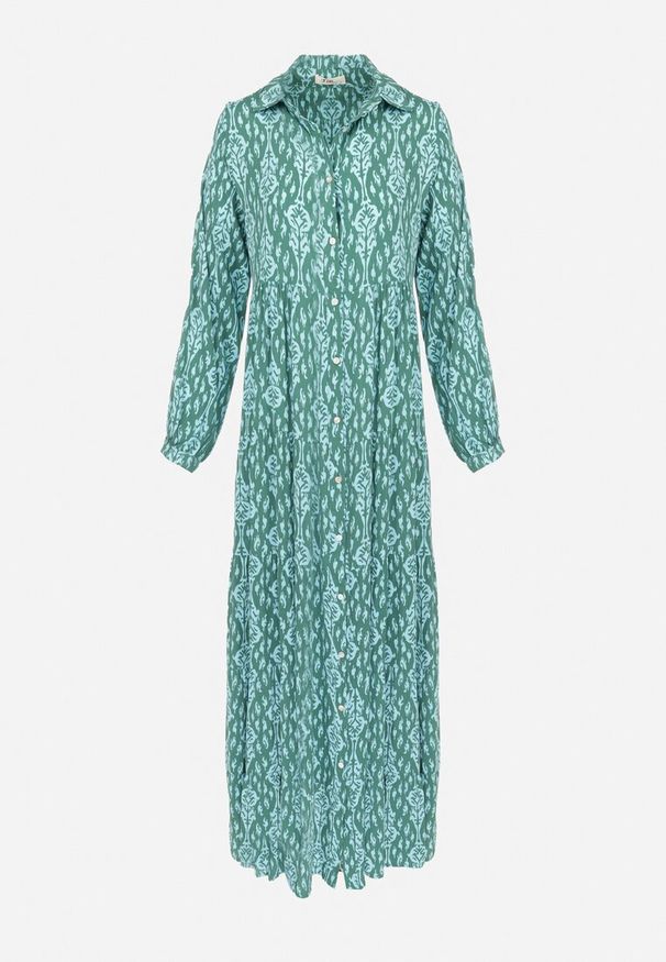 Born2be - Zielono-Niebieska Sukienka Koszulowa w Ornamentalny Wzór Midis. Okazja: na spacer, na co dzień. Kolor: zielony. Materiał: wiskoza. Długość rękawa: długi rękaw. Typ sukienki: koszulowe. Styl: casual, elegancki
