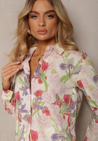 Renee - Beżowa Bawełniana Koszula na Guziki z Kwiatowym Nadrukiem Eripta. Okazja: na co dzień, na spotkanie biznesowe, do pracy. Typ kołnierza: kołnierzyk klasyczny. Kolor: beżowy. Materiał: bawełna. Wzór: kwiaty, nadruk. Styl: biznesowy, klasyczny, casual