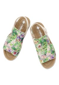 Sandały damskie Rieker, cholewka ze skóry ekologicznej z materiałowym wnętrzem i wsuwane, kolorowe, 64841-90. Zapięcie: bez zapięcia. Kolor: zielony. Materiał: materiał, skóra ekologiczna. Wzór: kolorowy #4