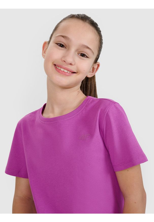 4f - 4F T-shirt regular gładki dziewczęcy - fioletowy 152 (11-12 lat). Okazja: na co dzień. Kolor: fioletowy. Materiał: dzianina, jersey, bawełna. Długość rękawa: krótki rękaw. Długość: krótkie. Wzór: gładki. Sezon: lato. Styl: casual, klasyczny, sportowy
