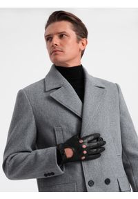 Ombre Clothing - Dwurzędowy męski płaszcz z podszewką - szary V1 OM-COWC-0107 - M. Typ kołnierza: kołnierz rewers. Kolor: szary. Materiał: poliester #3
