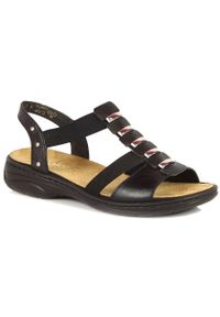 Skórzane komfortowe sandały damskie rzymianki czarne Rieker 64580-00. Zapięcie: bez zapięcia. Kolor: czarny. Materiał: skóra ekologiczna #1
