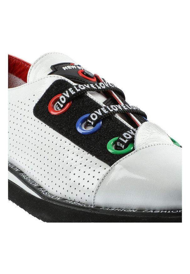 Białe Półbuty Lanqier Damskie Skórzane Obuwie. Zapięcie: sznurówki. Kolor: biały. Materiał: skóra. Szerokość cholewki: normalna. Wzór: kolorowy, aplikacja