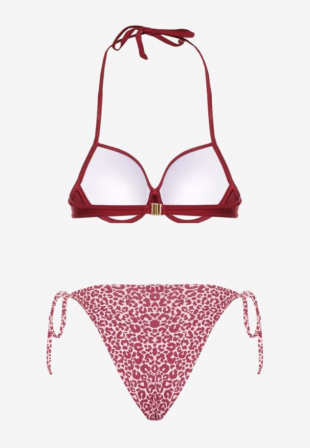Renee - Bordowe Wiązane Bikini Biustonosz Halter i Majtki Figi Savadine. Kolor: czerwony. Wzór: aplikacja