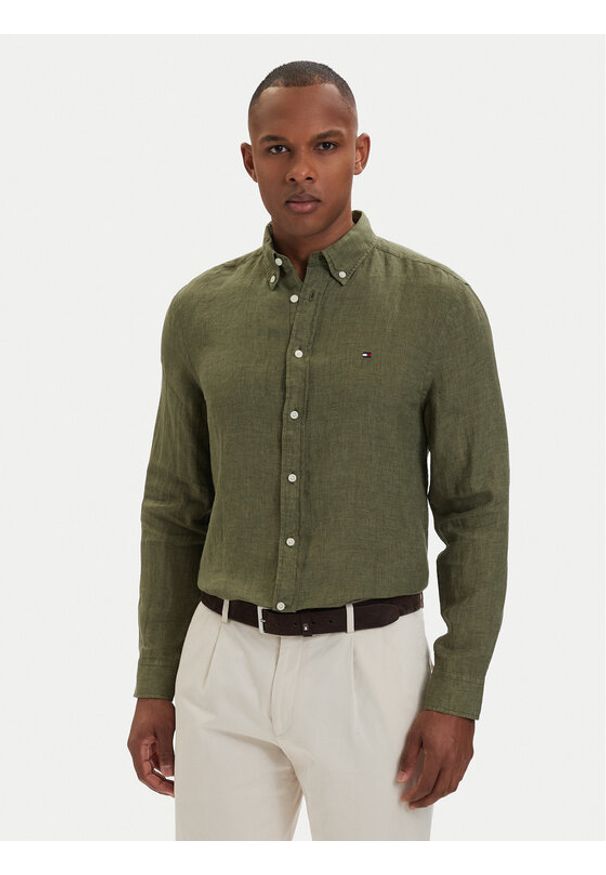 TOMMY HILFIGER - Tommy Hilfiger Koszula MW0MW41530 Zielony ciemny Regular Fit. Kolor: zielony. Materiał: len
