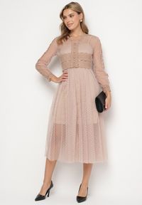Born2be - Beżowa Tiulowa Sukienka Midi z Koronkowymi Tasiemkami i Długimi Rękawami Kabienne. Kolor: beżowy. Materiał: tiul, koronka. Długość rękawa: długi rękaw. Wzór: aplikacja, kropki. Długość: midi #3