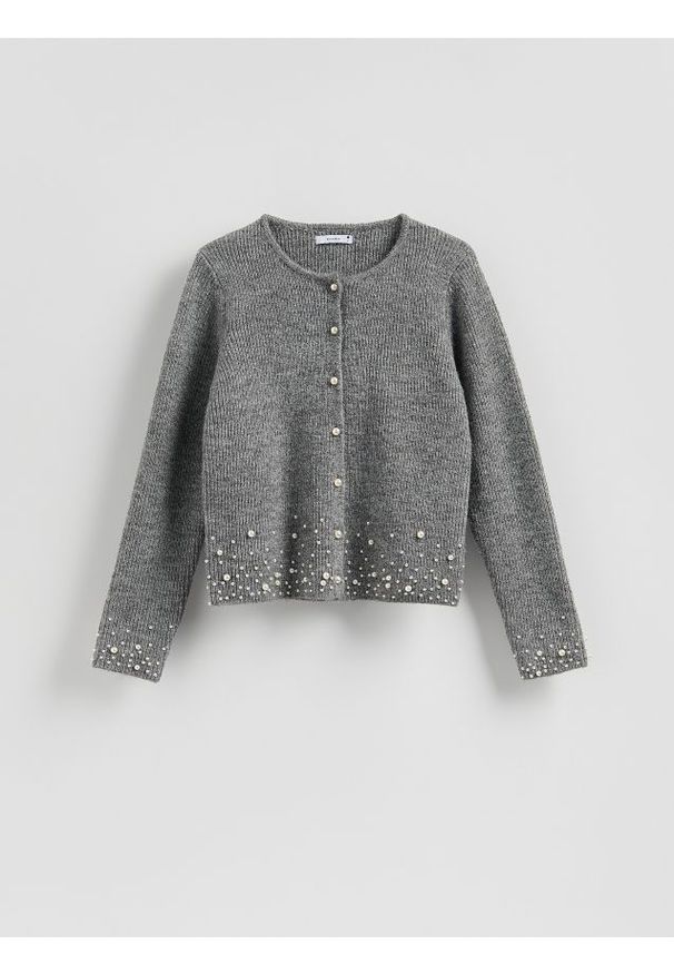 Reserved - Kardigan z aplikacją - szary. Kolor: szary. Materiał: dzianina, wełna. Wzór: aplikacja