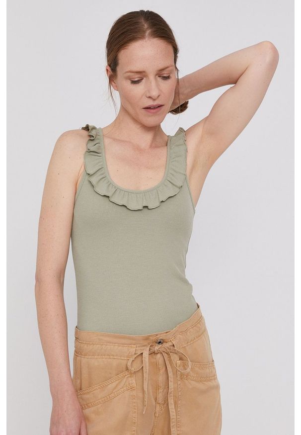 Pepe Jeans - Top Dorina. Kolor: zielony. Materiał: dzianina. Długość rękawa: na ramiączkach. Wzór: gładki