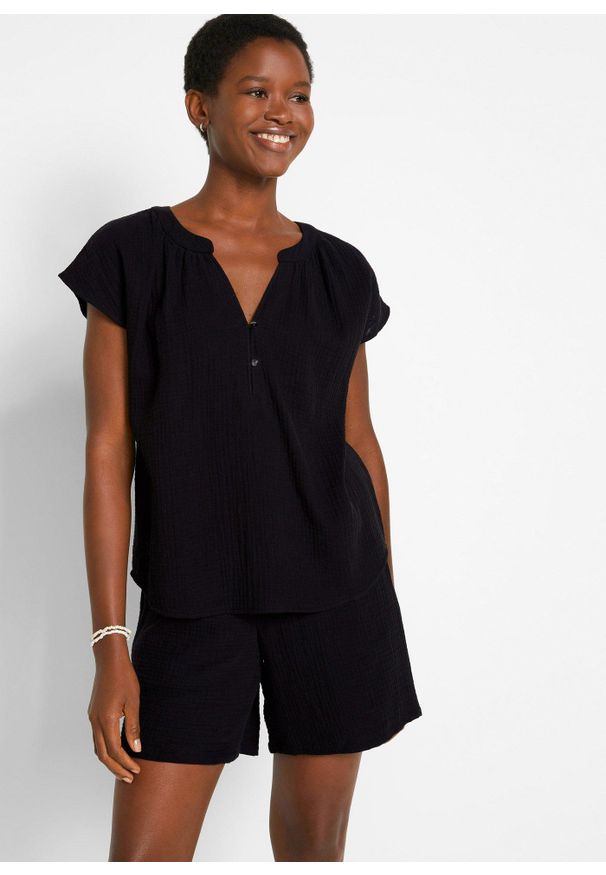 bonprix - Bluzka muślinowa z krótkim rękawem, z czystej bawełny. Typ kołnierza: dekolt w serek. Kolor: czarny. Materiał: bawełna. Długość rękawa: krótki rękaw. Długość: krótkie
