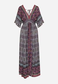 Born2be - Fioletowa Boho Sukienka z Szerokimi Rękawami z Gumką w Pasie i Wiązaniem na Plecach Piomina. Typ kołnierza: dekolt w kształcie V, choker. Kolor: fioletowy. Wzór: aplikacja. Styl: boho #4