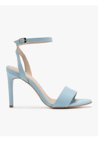Ryłko - Niebieskie sandały na wysokiej szpilce. Kolor: niebieski. Materiał: skóra. Obcas: na obcasie. Styl: street. Wysokość obcasa: średni #1