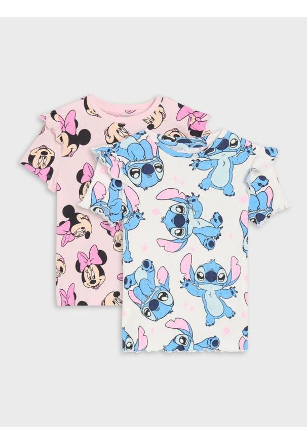 Sinsay - Bawełniana koszulka z falbanami Disney 2 pack - wielobarwny. Materiał: bawełna. Wzór: motyw z bajki