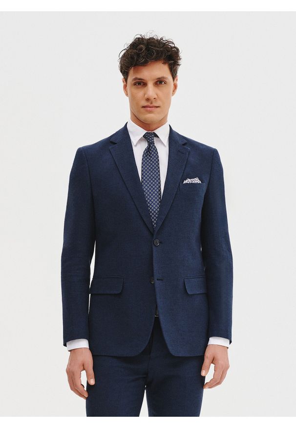 Pako Lorente - PAKO LORENTE - Granatowa marynarka garniturowa z lnem. Kolor: niebieski. Materiał: len. Wzór: gładki. Sezon: wiosna