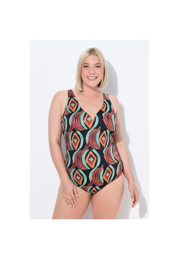 ULLA POPKEN - Damski Strój kąpielowy graficzny nadruk miękkie miseczki z recyklingu. Kolekcja: plus size. Kolor: czarny. Materiał: poliamid, poliester, materiał, elastan. Wzór: nadruk