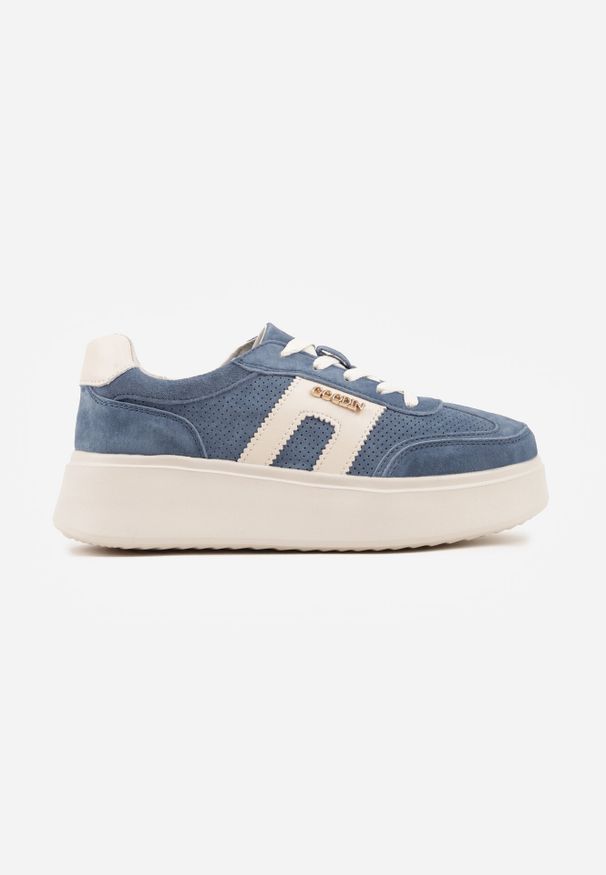 Born2be - Granatowe Skórzane Sneakersy na Grubej Podeszwie Zdobione Drobną Perforacją Serinatea. Okazja: na co dzień. Kolor: niebieski. Materiał: skóra. Wzór: aplikacja