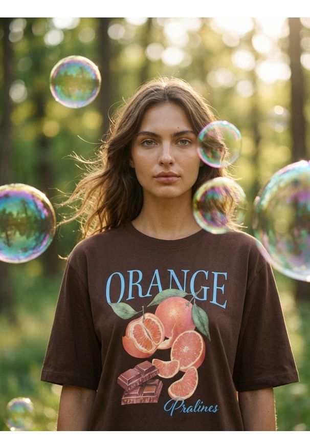 Sinsay - Bawełniana koszulka z nadrukiem owocowym - brązowy. Kolor: brązowy. Materiał: bawełna. Wzór: nadruk