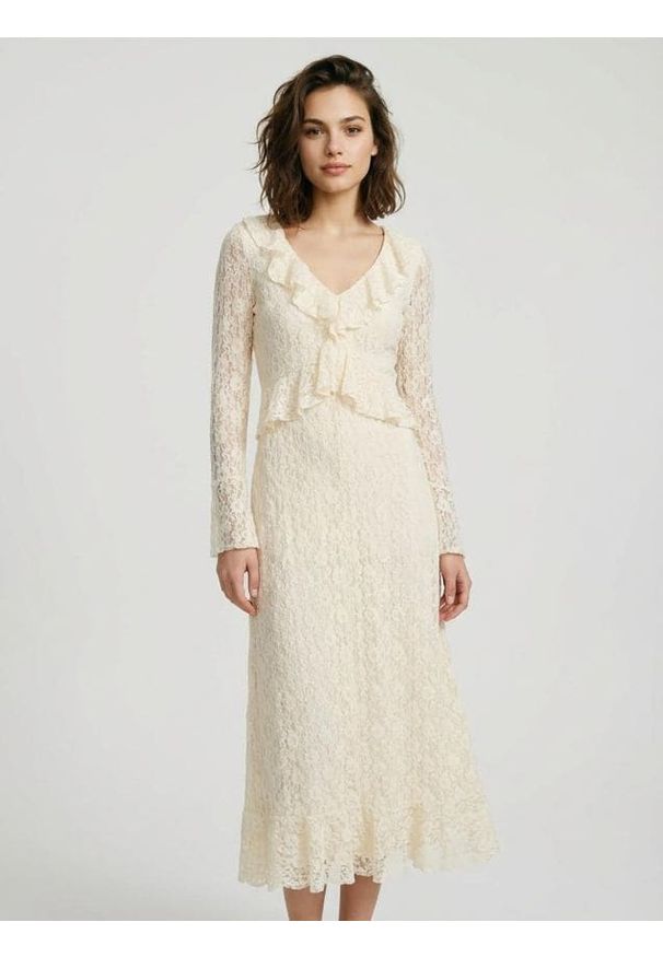 Sinsay - Koronkowa sukienka maxi z falbanami - kremowy. Kolor: kremowy. Materiał: koronka. Długość: maxi