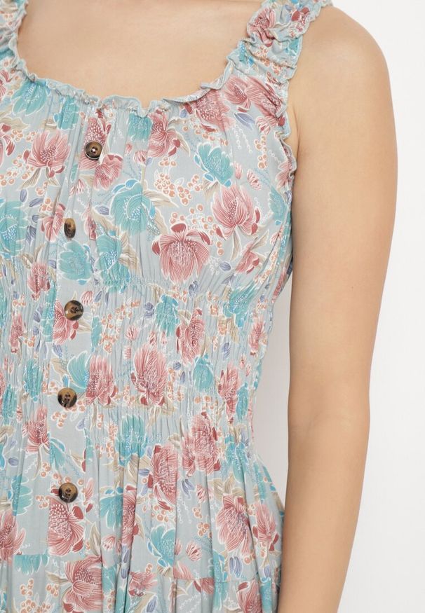 Born2be - Miętowa Rozkloszowana Sukienka Bawełniana w Kwiatowy Print z Guzikami Jamallia. Okazja: na co dzień. Kolor: miętowy. Materiał: bawełna. Wzór: nadruk, kwiaty. Typ sukienki: proste. Styl: casual, klasyczny