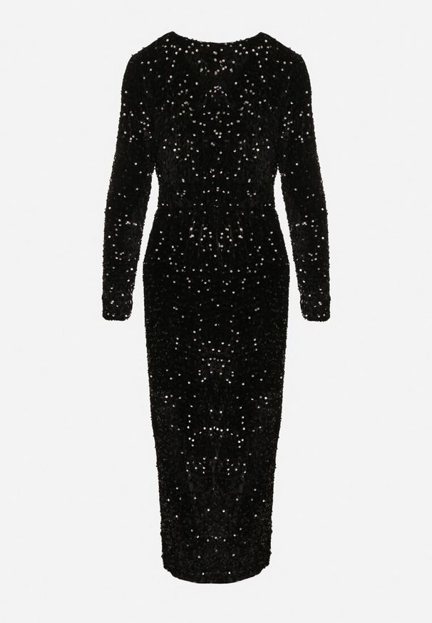 Born2be - Czarna Dopasowana Cekinowa Sukienka z Kopertowym Dekoltem i Asymetrycznym Wycięciem Rinnalith. Okazja: na imprezę. Kolor: czarny. Typ sukienki: kopertowe, asymetryczne. Styl: elegancki, klasyczny