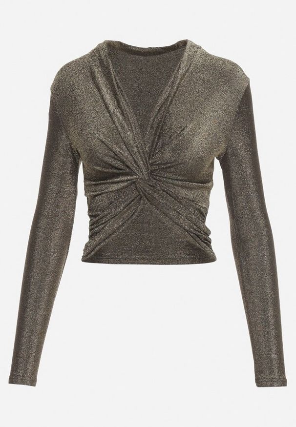 Born2be - Złota Bluzka z Wiskozą Ozdobiona Metaliczną Nicią i Splotem Asintellea. Okazja: na co dzień. Kolor: złoty. Materiał: wiskoza. Wzór: aplikacja, ze splotem. Styl: casual, elegancki, klasyczny