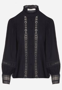 Born2be - Granatowa Koszula ze Stójką i Koronką Argochis. Typ kołnierza: kołnierzyk stójkowy. Kolor: niebieski. Materiał: koronka. Wzór: koronka #5