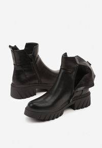 Born2be - Czarne Botki do Kostki na Tłoczonej Podeszwie Zdobione Suwakiem Vodvire. Okazja: na co dzień. Kolor: czarny. Materiał: jeans. Wzór: aplikacja. Styl: klasyczny, casual, elegancki #3