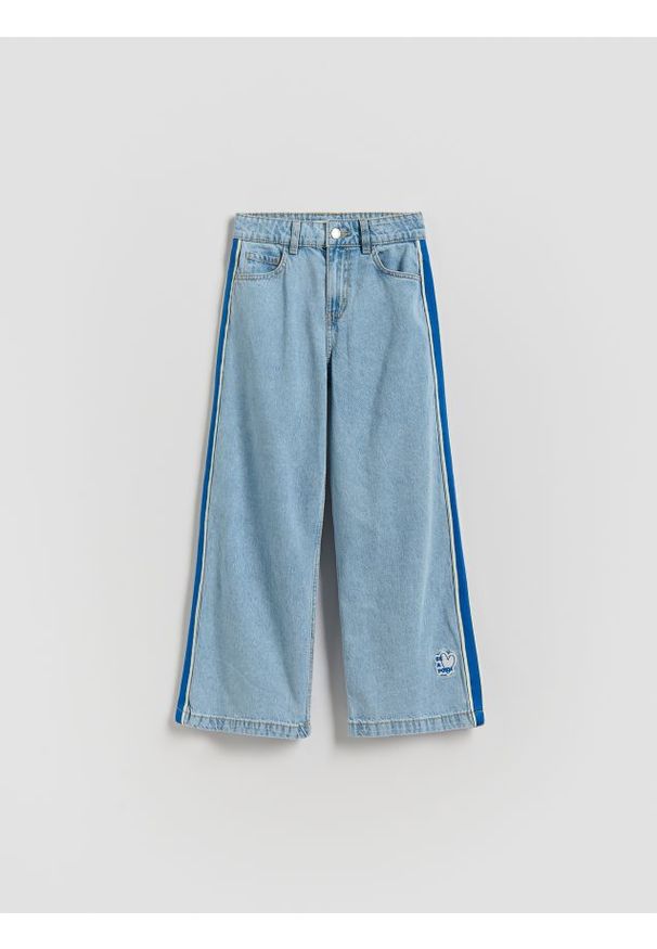 Reserved - Jeansy super wide leg z lampasami - niebieski. Kolor: niebieski