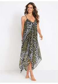 bonprix - Długa sukienka plażowa z szyfonu. Okazja: na plażę. Typ kołnierza: dekolt w serek. Kolor: zielony. Materiał: szyfon. Długość rękawa: na ramiączkach. Długość: maxi #1