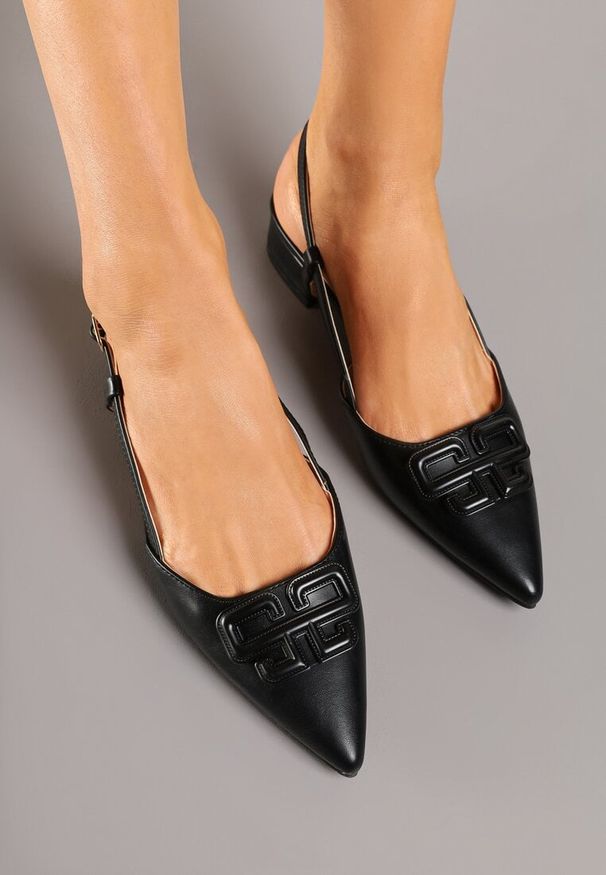 Renee - Czarne Sandały Slingback z Geometryczną Ozdobą Setaliena. Okazja: na co dzień. Nosek buta: szpiczasty. Zapięcie: pasek. Kolor: czarny. Wzór: aplikacja, geometria. Sezon: lato. Obcas: na obcasie. Styl: elegancki, klasyczny, casual. Wysokość obcasa: niski