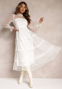 Renee - Biała Koronkowa Sukienka Rozkloszowana z Falbanką Faberlla. Kolor: biały. Materiał: koronka. Długość rękawa: długi rękaw. Wzór: koronka #1