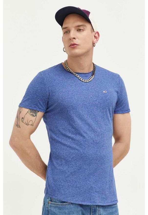 Tommy Jeans t-shirt męski kolor niebieski melanżowy. Kolor: niebieski. Materiał: bawełna, dzianina. Wzór: melanż. Styl: klasyczny