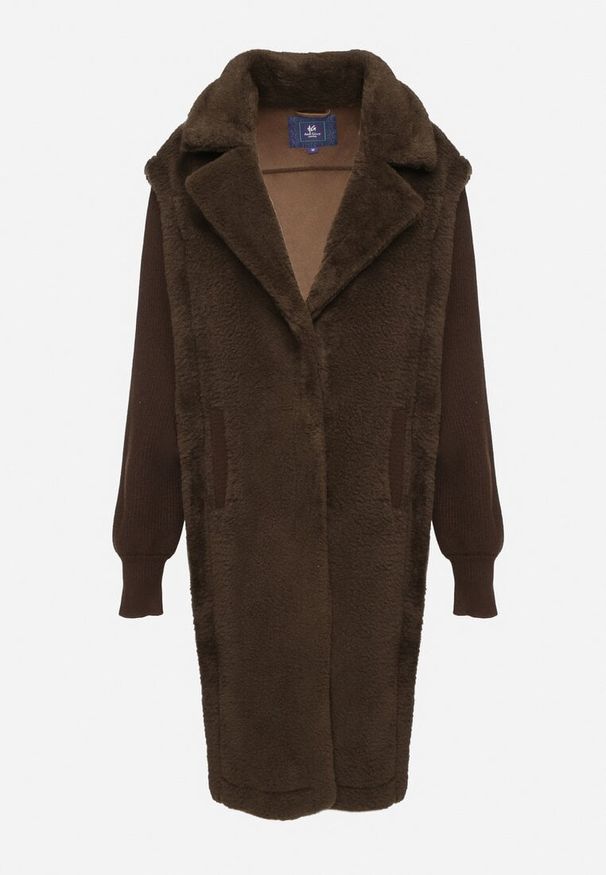 Born2be - Zielony Futrzany Płaszcz z Dzianinowymi Rękawami Ravienna. Okazja: na co dzień. Kolor: zielony. Materiał: dzianina, futro. Styl: elegancki, casual