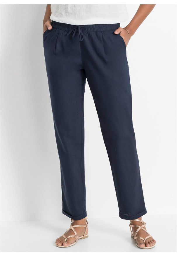 bonprix - Spodnie lniane z elastyczną talią. Kolor: niebieski. Materiał: lyocell, len. Sezon: lato
