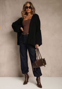 Renee - Czarny Niezapinany Kardigan Nietoperzowy z Dodatkiem Wełny i Wiskozy Rallidia. Kolor: czarny. Materiał: wełna, wiskoza. Wzór: gładki #3