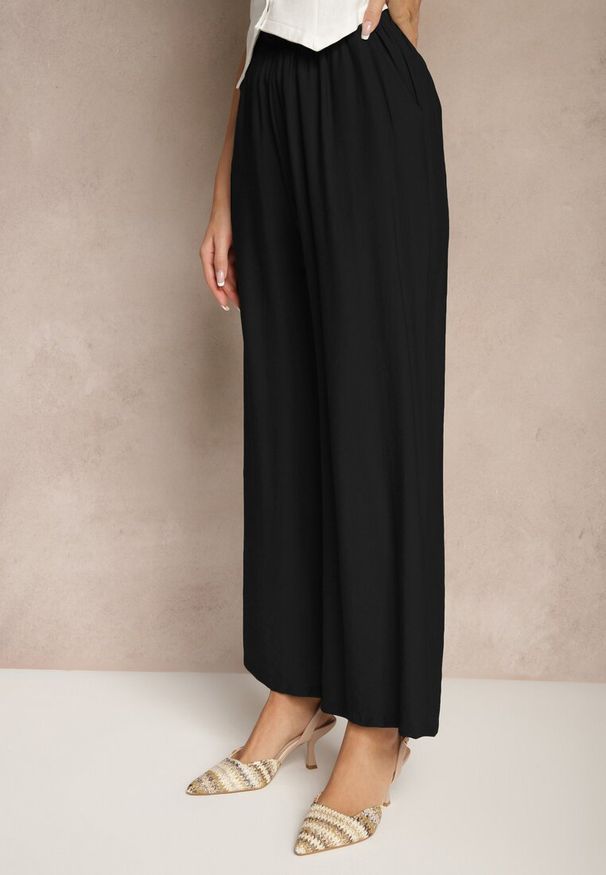 Renee - Czarne Spodnie o Szerokim Kroju High Waist z Wiązaniem Fenalin. Okazja: na imprezę, na co dzień, na spacer. Stan: podwyższony. Kolor: czarny. Styl: casual, elegancki