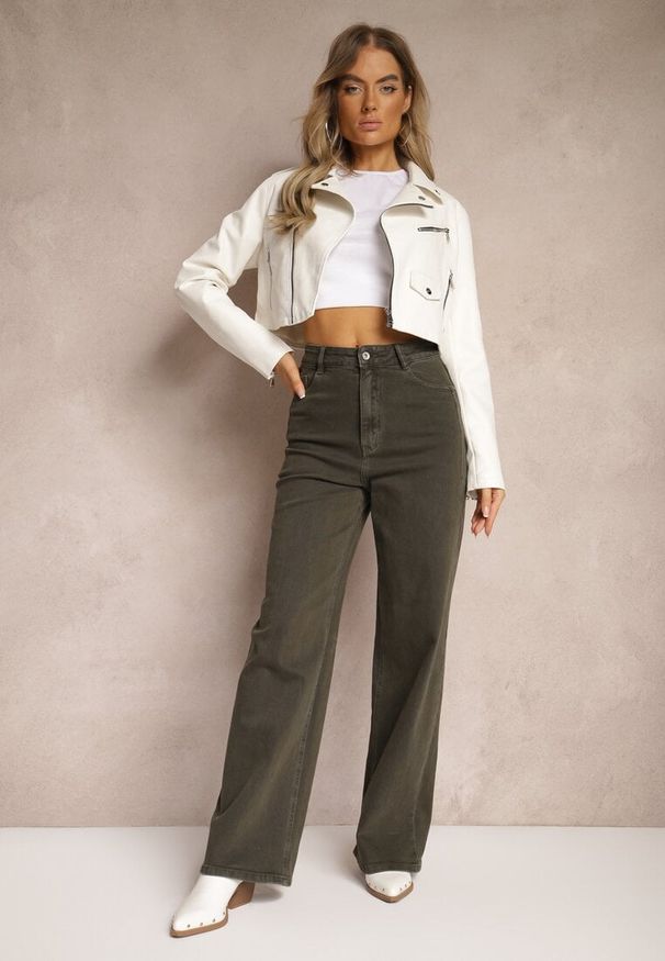 Renee - Ciemnozielone Jeansy Szerokie Phririope. Okazja: na co dzień. Stan: podwyższony. Kolor: zielony. Wzór: aplikacja. Styl: elegancki, casual