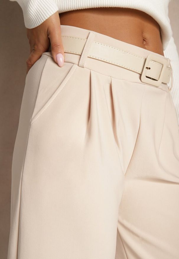 Renee - Beżowe Garniturowe Spodnie High Waist z Gumką i Dodatkowym Paskiem w Talii Mattine. Stan: podwyższony. Kolor: beżowy. Materiał: dzianina