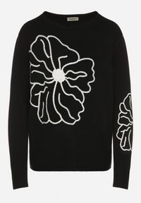 Born2be - Czarny Sweter Ozdobiony Haftowanymi Kwiatami Halatusea. Okazja: na co dzień. Kolor: czarny. Materiał: jeans. Wzór: kwiaty, aplikacja, haft. Styl: klasyczny, casual #2