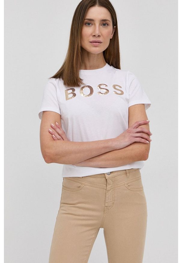 BOSS - Boss T-shirt bawełniany 50464505 kolor biały. Okazja: na co dzień. Kolor: biały. Materiał: bawełna. Wzór: aplikacja. Styl: casual