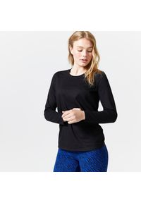 DOMYOS - Koszulka z długim rękawem damska Domyos Gym & Pilates 100. Kolor: czarny. Materiał: tkanina, elastan, materiał, prążkowany, bawełna. Długość rękawa: długi rękaw. Długość: długie. Sport: joga i pilates #1