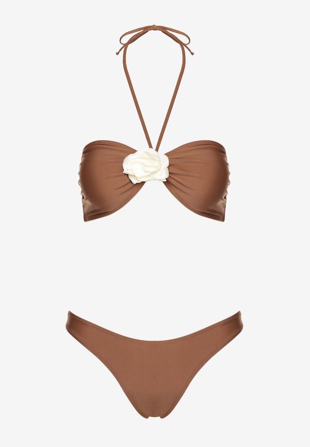 Renee - Brązowe Bikini ze Spódniczką Ozdobione Kwiatową Aplikacją 3D Coren. Kolor: brązowy. Wzór: aplikacja, kwiaty