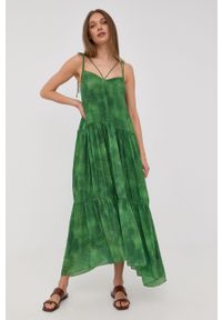 Patrizia Pepe sukienka kolor zielony maxi rozkloszowana. Kolor: zielony. Materiał: tkanina. Długość rękawa: na ramiączkach. Typ sukienki: rozkloszowane. Długość: maxi